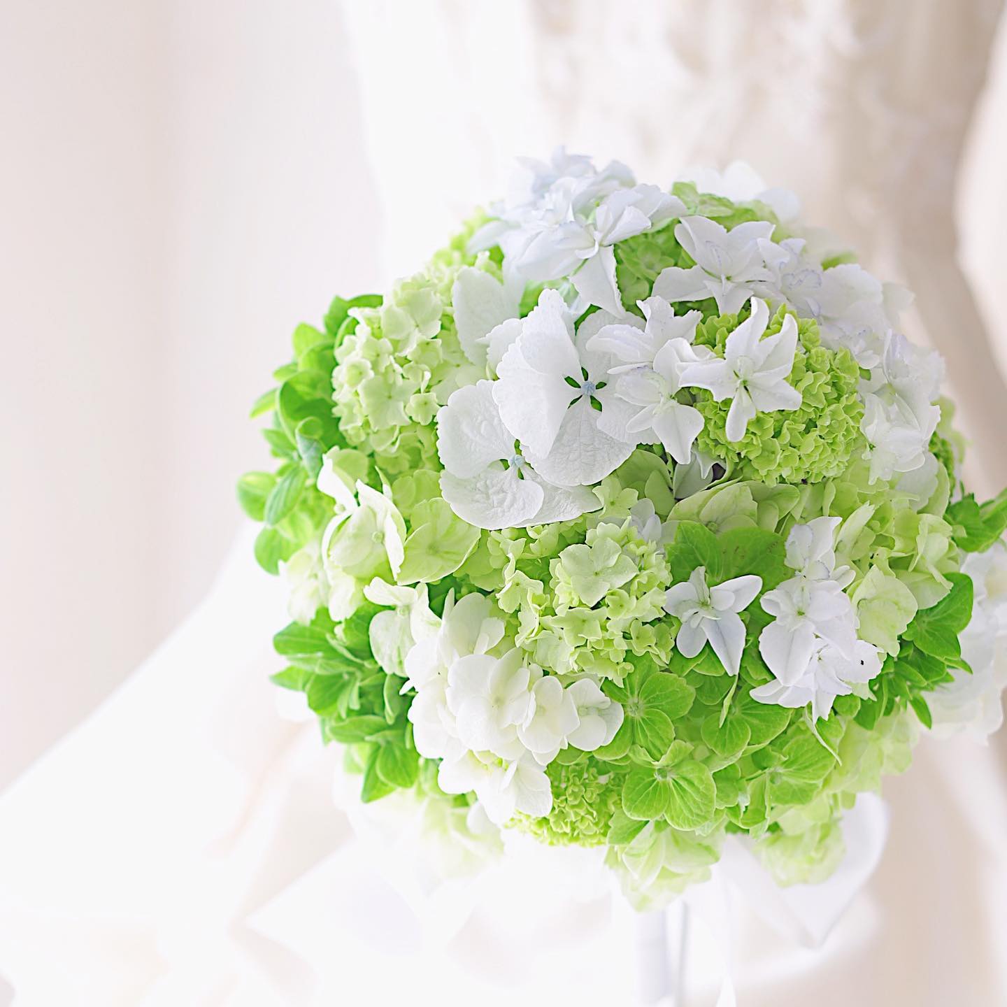 紫陽花だけで束ねた白とグリーンのラウンドブーケ｜一種の花で作る初夏のウェディングブーケ