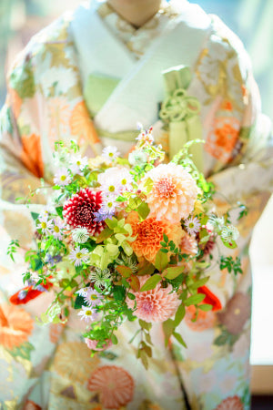 ホテル椰山荘東京の花嫁へ和装ダリアブーケ｜花屋 一会アトリエ